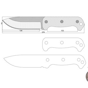 May include: Line drawing of a knife blade and handle with measurements in centimetres. The blade is 11.4 cm tall, 32.5 cm long, and 26.2 cm wide. The handle is 7 cm long.