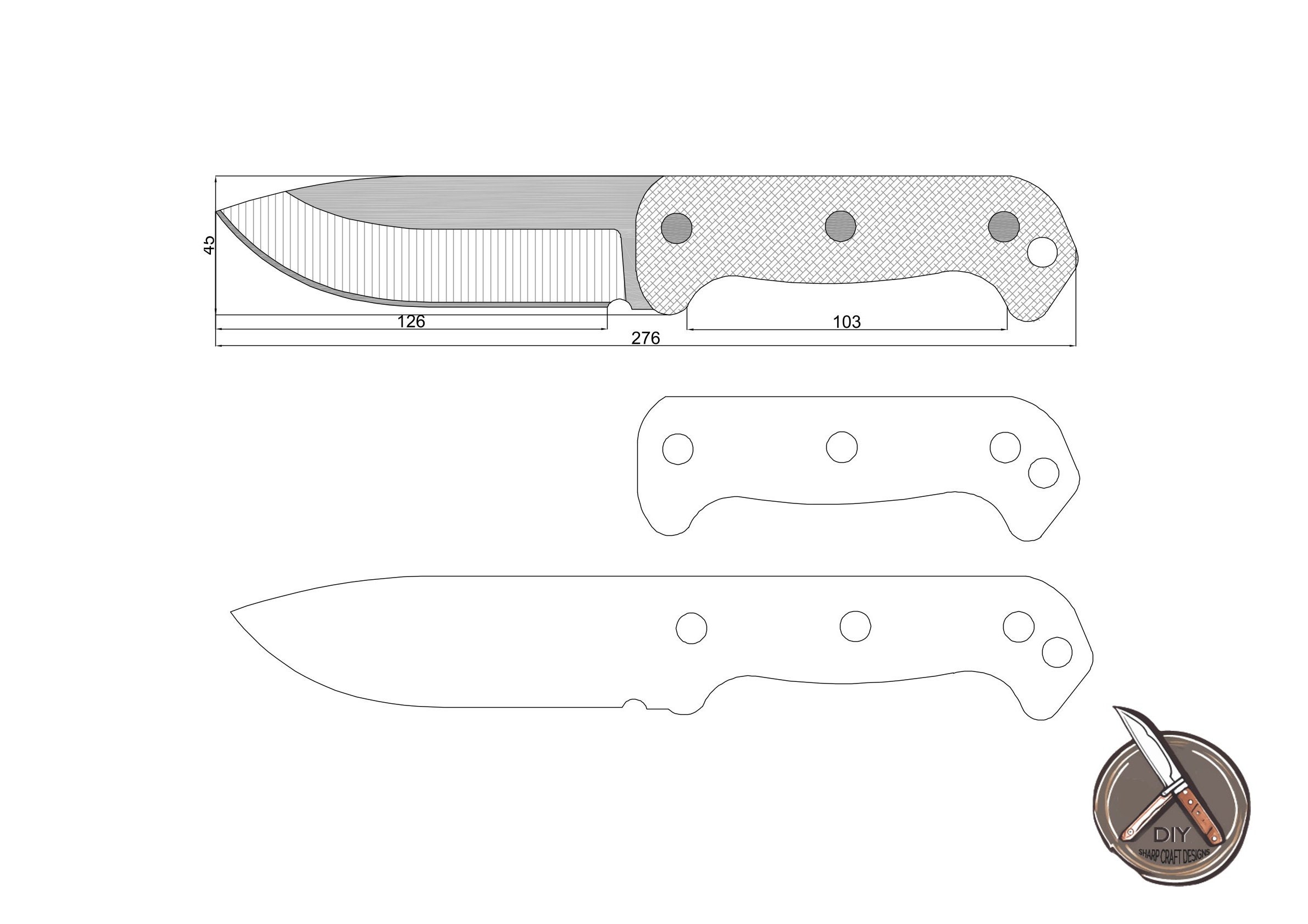 Versatile Fixed Blade Knife Digital Template, EDC Utility Knife Design Files DXF Dwg Pdf, DIY Outdoor Knife Blueprint, Bushcraft Knife Plan