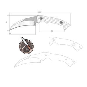 Könnte beinhalten: Strichzeichnung eines Karambit-Messers mit Maßen. Die Klinge ist 9 cm lang und die Gesamtlänge des Messers beträgt 20,9 cm. Der Griff ist 8,6 cm lang. Enthält ein DIY-Logo.