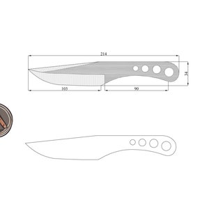May include: A black and white line drawing of a throwing knife with five holes in the handle. The knife is 21.4 cm long, 10.3 cm wide, and 3.4 cm high.