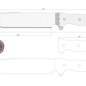 May include: Line drawing of a knife design with measurements in inches. The knife has a 407-inch blade and a 144-inch handle. The blade is curved and has a textured pattern. The handle has a textured pattern and three holes.
