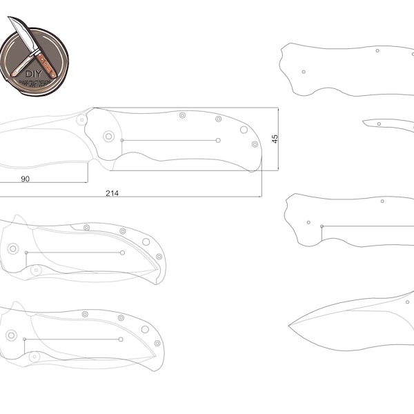 Folding Knife Digital Template Set, DIY Pocket Knife Design Files, Customizable Blade and Handle Schematics, DXF DWG Pdf Crafting Plans