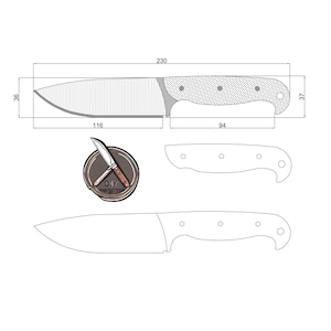 Könnte beinhalten: Linienzeichnung eines Messers mit Maßen in Zentimetern. Das Messer hat eine 584,2 cm lange Klinge, einen 238,8 cm langen Griff und eine Gesamtlänge von 94 cm. Die Klinge ist gezahnt und der Griff hat ein strukturiertes Muster.