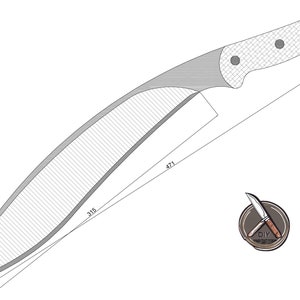 Könnte beinhalten: Eine Strichzeichnung eines Messers mit einer 38 cm langen Klinge und einem 11,4 cm langen Griff. Die Klinge ist gebogen und hat eine gezahnte Kante. Der Griff ist aus Holz und hat ein Schachbrettmuster.