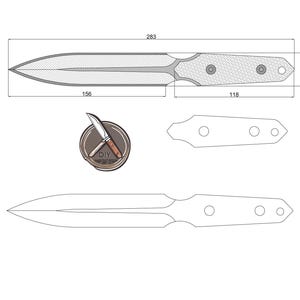 Op de afbeelding: Een lijntekening van een mes met afmetingen in inches. Het mes heeft een dubbelzijdig lemmet en een getextureerd handvat. De tekening bevat ook een close-up van het mesthandvat en een aparte tekening van de mescontour.