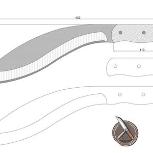 Könnte beinhalten: Linienzeichnung eines Messerdesigns mit Maßen in Zentimetern. Das Messer hat eine gebogene Klinge und einen Griff mit einem strukturierten Muster. Der Griff hat vier Löcher zum Anbringen einer Schnur.