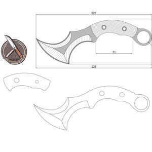 Könnte beinhalten: Eine Strichzeichnung eines Karambit-Messers mit Maßen in Zentimetern. Das Messer hat eine gebogene Klinge und einen Ringgriff.