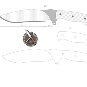 Könnte beinhalten: Detaillierte Blaupause eines Messers, mit Abmessungen in Millimetern. Die Klinge ist 317 mm lang, mit einem Griffabschnitt von 99 mm. Enthält ein Logo mit einem Messer und dem Text "DIY Knife Shop".