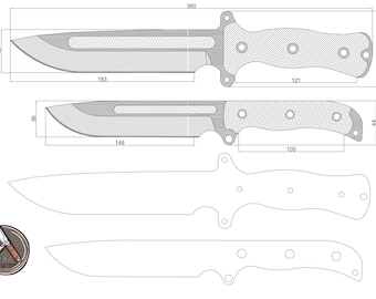 Plantilla digital de cuchillo de combate táctico, diseño de cuchillo de estilo militar (DXF, DWG, PDF), plano de cuchillo de supervivencia (DIY), plano de cuchillo de combate