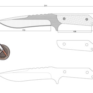 Könnte beinhalten: Linienzeichnung eines Messerdesigns mit Maßen in Zentimetern. Das Messer hat einen schwarzen Griff mit einem strukturierten Muster und eine silberne Klinge mit einer gezackten Kante. Die Zeichnung enthält eine Seitenansicht und eine Draufsicht des Messers.
