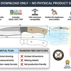 Hunting Knife Template PDF & DXF | Full Tang Bushcraft Blade Plan | DIY Knife Making Pattern | Skinner Blueprint Scale 1:1