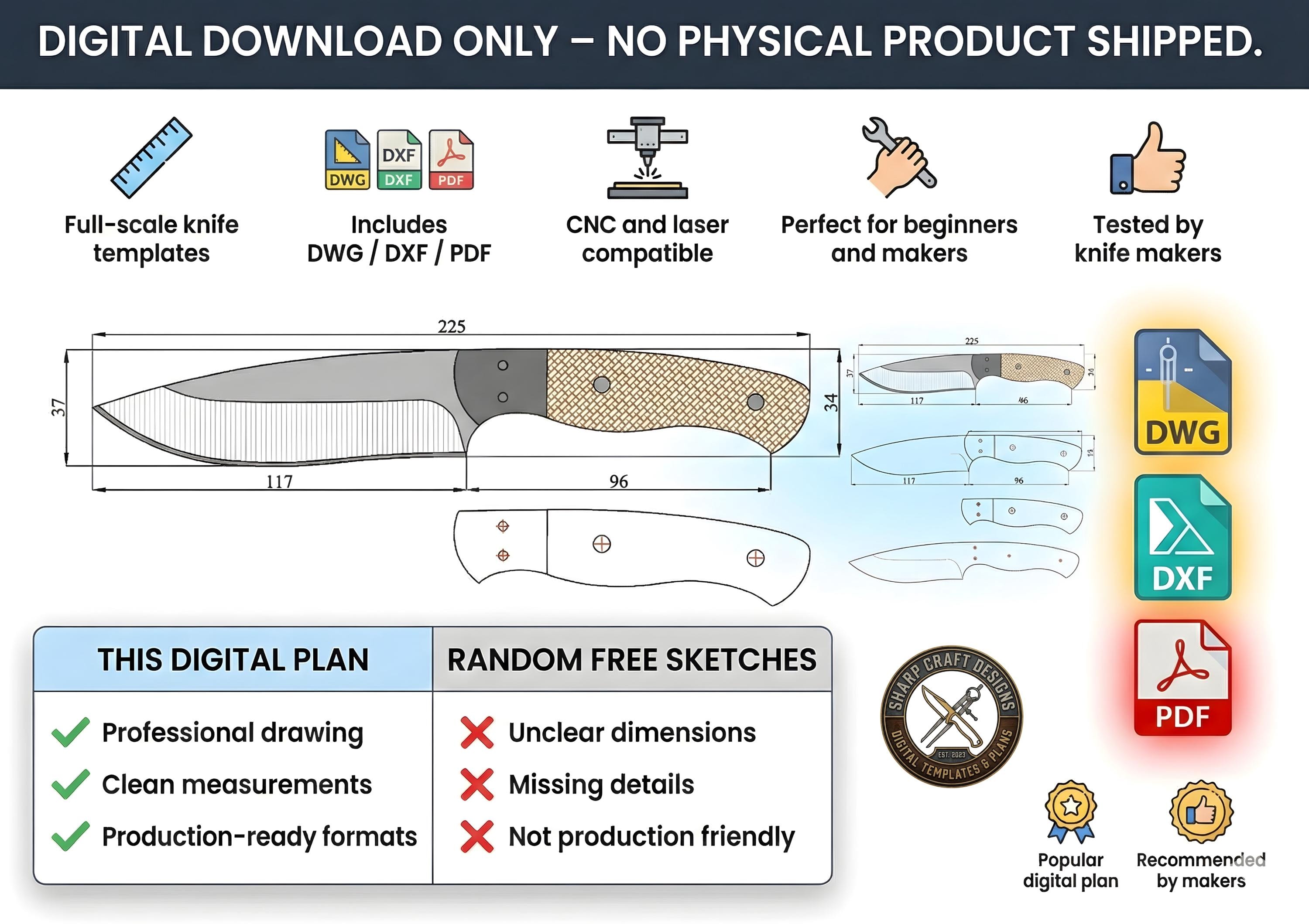 Hunting Knife Template PDF & DXF | Full Tang Bushcraft Blade Plan | DIY ...