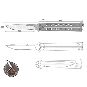 May include: A line drawing of a butterfly knife with measurements in inches. The knife is open and the blade is extended. The knife is 14.9 inches long and the blade is 10 inches long.