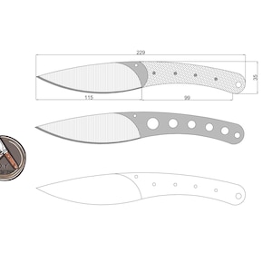 Könnte beinhalten: Eine Strichzeichnung eines Messerdesigns mit Maßen in Zentimetern. Das Messer hat eine gebogene Klinge und einen Griff mit Löchern. Die Zeichnung ist in Schwarzweiß.