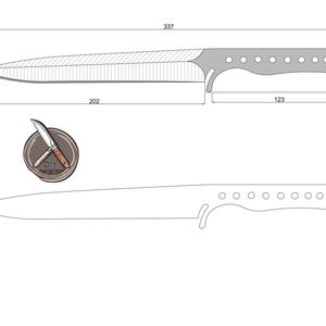 Könnte beinhalten: Linienzeichnung eines Messers mit einer 33,7 cm langen Klinge und einem 10 cm langen Griff. Die Klinge ist 51,4 cm lang und der Griff 10 cm lang. Das Messer hat eine Gesamtlänge von 85,1 cm.