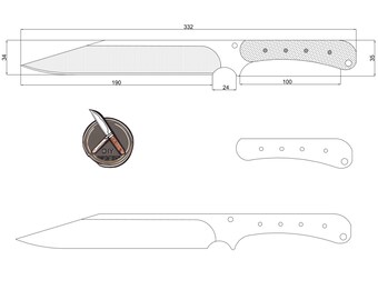 Diseño de cuchillo de carnicero de espiga completa / Archivos PDF, DWG y DXF / Plano de carnicero personalizado para fabricantes de cuchillos