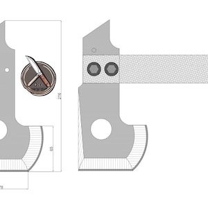 May include: A schematic diagram of a metal axe head with dimensions in millimeters. The axe head is gray with a circular hole and a beveled cutting edge. A knife and the text "DIY" are in a circle.