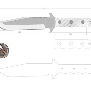 May include: A line drawing of a knife with a 6.3-inch blade and a 4.3-inch handle. The blade is 15.9 inches long and the handle is 10.6 inches long. The knife has a textured handle with four holes. The drawing also includes a close-up of the handle and a logo that says "DIY Knife Craft Design".