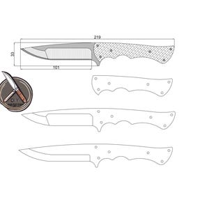 Könnte beinhalten: Messerdesign mit Abmessungen in Millimetern. Die Hauptansicht zeigt ein Messer mit einer 101 mm Klinge und einer Gesamtlänge von 219 mm. Zusätzliche Ansichten umfassen Griffschablonen und ein Messer-Logo.