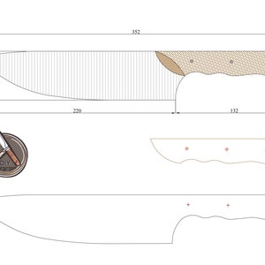 May include: A line drawing of a knife design with measurements in centimetres. The knife has a 24 cm blade and a 13.3 cm handle. The handle is made of wood and has a textured pattern. The blade is straight and has a pointed tip. The drawing also includes a close-up of the handle and a separate drawing of the blade.
