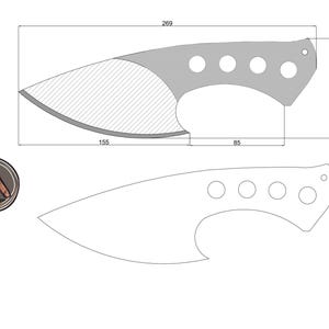Op de afbeelding: Een schematische weergave van een mesontwerp, met een gebogen lemmet met gearceerd gebied en een handvat met cirkelvormige uitsparingen. Afmetingen in millimeters: lemmetlengte 155 mm, handvatlengte 85 mm, totale lengte 269 mm. Een klein meslogo staat in de hoek.