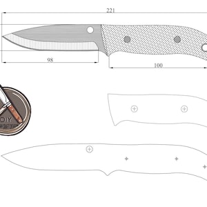 Op de afbeelding: Lijntekening van een mes met een 25 cm lang lemmet en een 10 cm lang handvat. Het mes is 56 cm lang. De tekening bevat afmetingen en een logo met de tekst "DIY Sharp Craft Design".