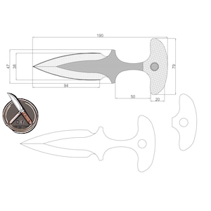 Könnte beinhalten: Eine technische Zeichnung eines Dolches mit Abmessungen in Millimetern. Der Dolch ist 190 mm lang, mit einer Klingenbreite von 38 mm und einer Griffbreite von 79 mm. Enthält ein kleines Logo "DIY".