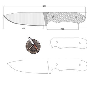 Könnte beinhalten: Eine technische Zeichnung eines Messers mit Abmessungen in Millimetern. Die Klingenlänge des Messers beträgt 138 mm, und die Gesamtlänge des Messers beträgt 281 mm. Der Griff ist 108 mm lang und 46 mm breit. Enthält ein DIY-Logo.