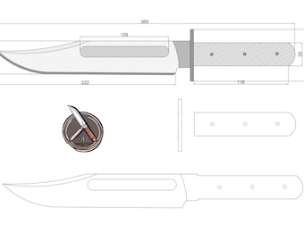 Plantilla de cuchillo Bowie / PDF DXF DWG Descarga digital para corte láser CNC / Plano de cuchillo clásico con punta de clip DIY