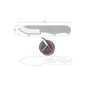 Puede incluir: Un diagrama de un cuchillo con medidas en milímetros. El cuchillo mide 167 mm de largo, con una hoja de 65 mm de largo y 28 mm de alto. El mango tiene una serie de agujeros. Una imagen más pequeña del cuchillo está en un círculo con el texto "DIY Knife".