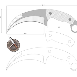 May include: A black and white line drawing of a knife with a curved blade and a handle with a rounded end. The knife is 14.5 inches long and 8.7 inches wide. The drawing includes measurements in inches.