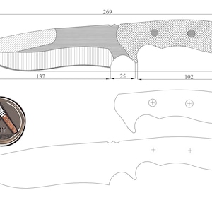 May include: A black and white line drawing of a knife blade and handle with measurements in inches. The blade is 13.7 inches long and the handle is 5.1 inches long. The overall length of the knife is 26.9 inches. The handle has three holes for screws. The drawing also includes a logo for DIY Sharp Craft Designs.