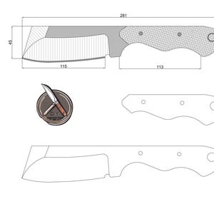 May include: Detailed technical drawing of a cleaver knife, with dimensions in millimeters. The design includes a blade, handle, and a circular logo with a knife and the text "DIY".
