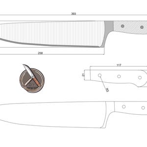 Peut inclure: Dessin au trait d'un couteau de cuisine avec des mesures en centimètres. Le couteau a un manche noir avec un motif texturé et une lame argentée. La lame mesure 24,8 cm de long et le manche 11,4 cm de long. La longueur totale du couteau est de 36,2 cm.