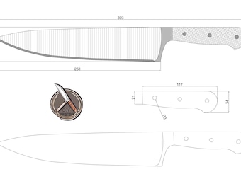 Plantilla de cuchillo de chef grande para fabricantes de cuchillos DIY, planos digitales en PDF, DWG y DXF, diseño profesional de cuchillas de cocina para corte CNC