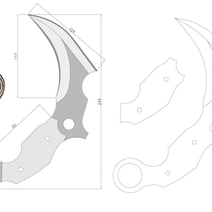 May include: A black and white line drawing of a knife with a curved blade and a handle with a hole. The knife is 29.7 cm long and 6.2 cm wide. The drawing includes measurements in centimetres.