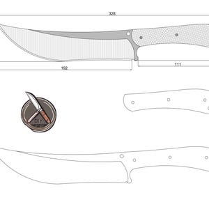 Peut inclure: Dessin au trait d'un design de couteau avec des mesures en centimètres. Le couteau a une lame incurvée et un manche texturé. Le dessin comprend une vue séparée du manche.