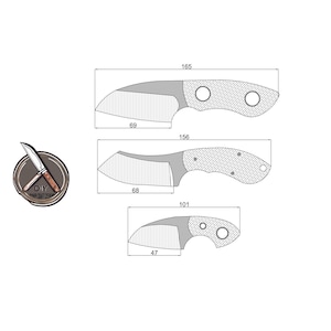 May include: A line drawing of three different knife blade shapes with measurements in inches. The blades are all curved and have a pointed tip. The first blade is 165 inches long, the second is 156 inches long, and the third is 101 inches long.