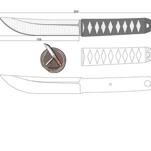 Op de afbeelding: Technische tekening van een mes met een gebogen lemmet en een handvat met diamantpatroon. De tekening bevat afmetingen: 15,8 cm lemmetlengte, 30,4 cm totale lengte en 3,7 cm lemmet hoogte. Er is ook een klein logo aanwezig.