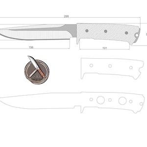 Può includere: Un disegno a linea di un coltello con misure in centimetri. Il coltello ha una lama di 39,6 cm, un manico di 12,2 cm e una lunghezza totale di 51,8 cm.