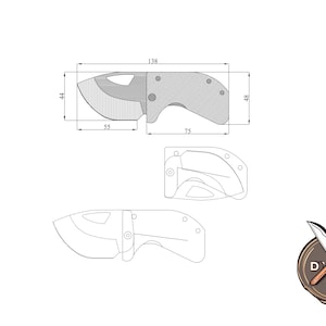 May include: Line drawing of a pocket knife with measurements in inches. The knife has a curved blade and a textured handle. The drawing includes a logo with the text "D'Y".