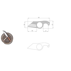 Könnte beinhalten: Eine Strichzeichnung eines Werkzeugs mit zwei Schlaufen und einer Klinge. Das Werkzeug ist 9,2 cm lang, 3,8 cm breit und 3,2 cm hoch. Das Werkzeug ist mit "DIY" beschriftet und hat ein kleines Messer-Symbol.