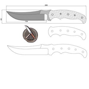 Puede incluir: Dibujo técnico de un cuchillo con dimensiones. La hoja mide 13,4 cm de largo y la longitud total del cuchillo es de 26,6 cm. El mango tiene un patrón texturizado. También hay un pequeño logotipo con el texto "DIY".