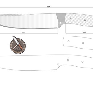 May include: Knife template with dimensions in millimeters. The blade is 222 mm long, and the overall knife length is 384 mm. The handle is 119 mm. Includes a DIY Craft Design logo.