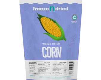 May include: A purple bag of freeze-dried corn with a cartoon image of a corn cob on the front. The bag says "freeze dried corn" and has a 30-year shelf life.