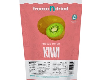 May include: A pink and white bag of freeze-dried kiwi fruit. The bag features a cartoon kiwi fruit and the text "freeze dried kiwi". The nutritional information is listed on the back of the bag.