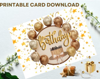 Birthday Card – Printable digital Download Birthday Card with Balloons & Gold color premium.