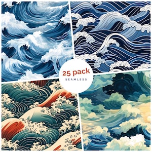 May include: A set of 25 seamless digital patterns featuring various styles of blue, green, and white waves. The patterns are perfect for creating backgrounds, textures, and designs for websites, social media, and printed materials.