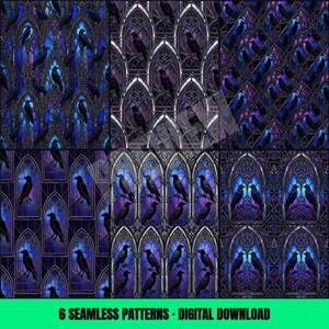 May include: A set of six seamless digital patterns featuring black raven silhouettes perched within intricate gothic archways and stained glass window designs in shades of deep blue and purple, labeled 6 seamless patterns - digital download.