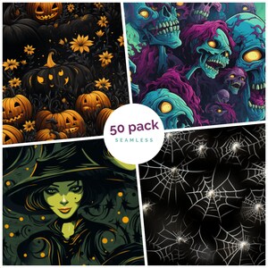 May include: A set of 50 Halloween themed seamless patterns. The patterns include pumpkins, skulls, witches, and spiderwebs.  The patterns are perfect for creating spooky and festive designs.